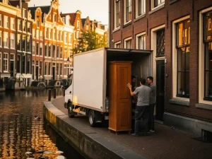 Verhuiswagen op smalle Amsterdamse gracht, verhuizers manoeuvreren grote kast door nauwe deuropening, historische gevels op achtergrond.