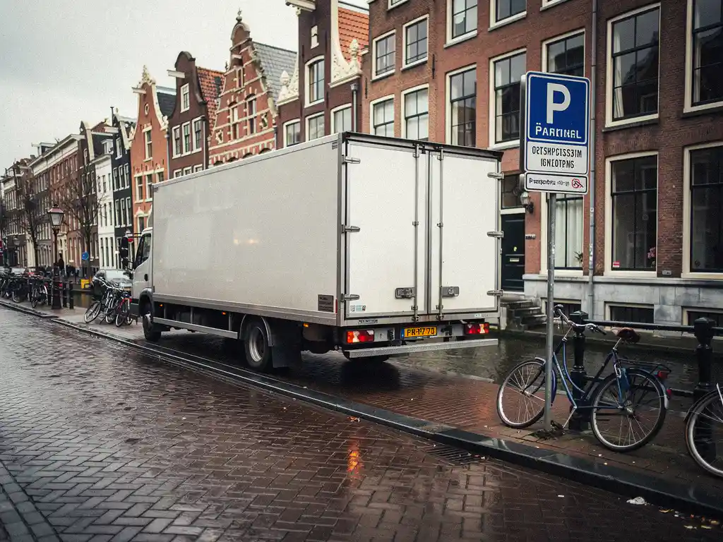 Witte verhuiswagen op smalle Amsterdamse gracht, parkeerontheffingsbord, historische gevels en fietsen op klinkers.