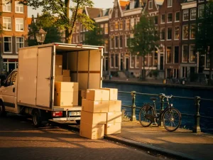 Verhuiswagen langs Amsterdamse gracht met kartonnen dozen op kinderkopjes, smalle grachtenpanden en fiets tegen reling op zomerse dag.