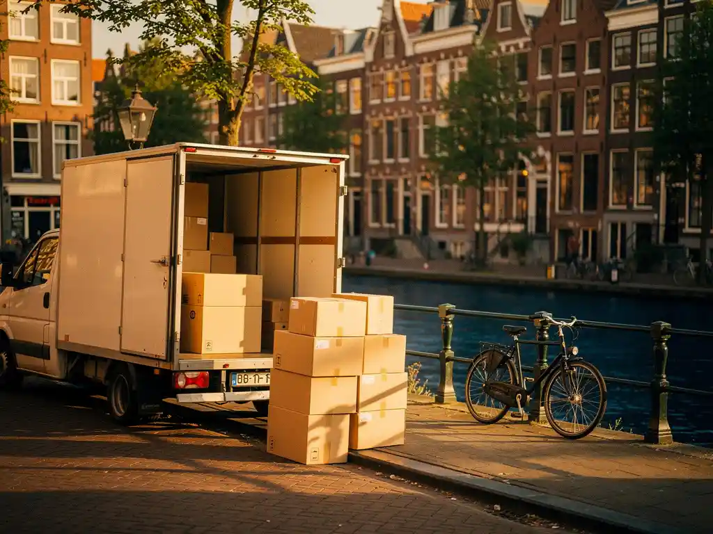 Verhuiswagen langs Amsterdamse gracht met kartonnen dozen op kinderkopjes, smalle grachtenpanden en fiets tegen reling op zomerse dag.