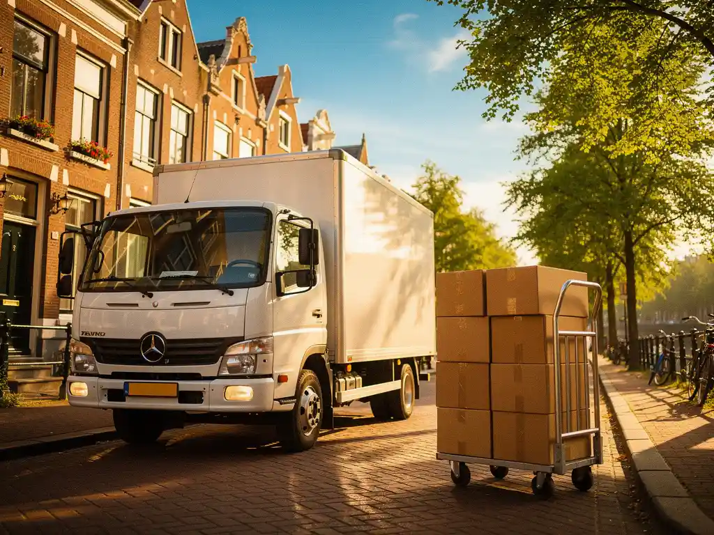 Verhuiswagen geparkeerd op een zonnige Amsterdamse gracht, met kartonnen dozen op een steekwagen naast kasseiweg en groene bomen.