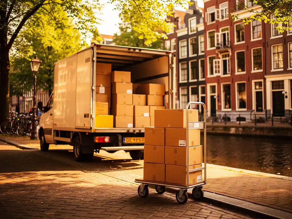 Verhuiswagen geparkeerd langs een zonnige Amsterdamse gracht, met kartonnen dozen op een steekwagen op de kinderkopjes.