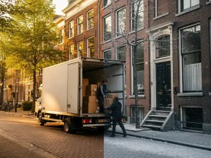 Verhuiswagen geparkeerd langs Amsterdams gracht, met zomerse gouden zon en kale winterse takken, terwijl verhuizers dozen dragen door smalle Hollandse deur.
