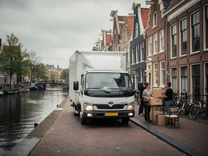 Witte verhuiswagen op smalle Amsterdamse gracht, verhuizers lossen dozen uit naast historische trapgevels.