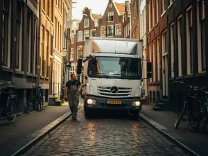 Witte verhuiswagen rijdt door smalle Amsterdamse grachtenstraat met historische bakstenen gevels en kasseiweg.