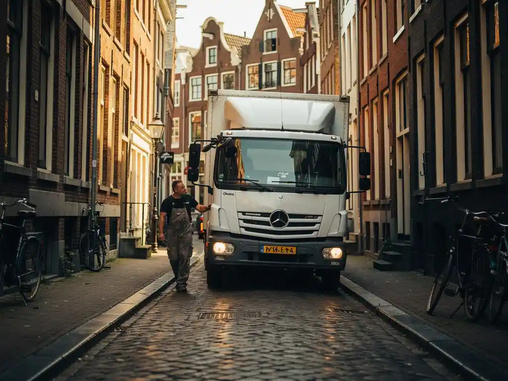 Witte verhuiswagen rijdt door smalle Amsterdamse grachtenstraat met historische bakstenen gevels en kasseiweg.