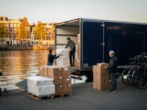 Verhuiswagen bij de veerpont van Amsterdam-Noord terwijl dozen en meubilair worden uitgeladen op de IJ-oever, met traditionele grachtenpanden op de achtergrond.
