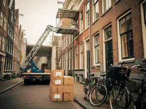 Verhuiswagen met hydraulische lift langs gracht in Amsterdam-West, dozen op kinderhoofdjes naast geparkeerde fietsen.