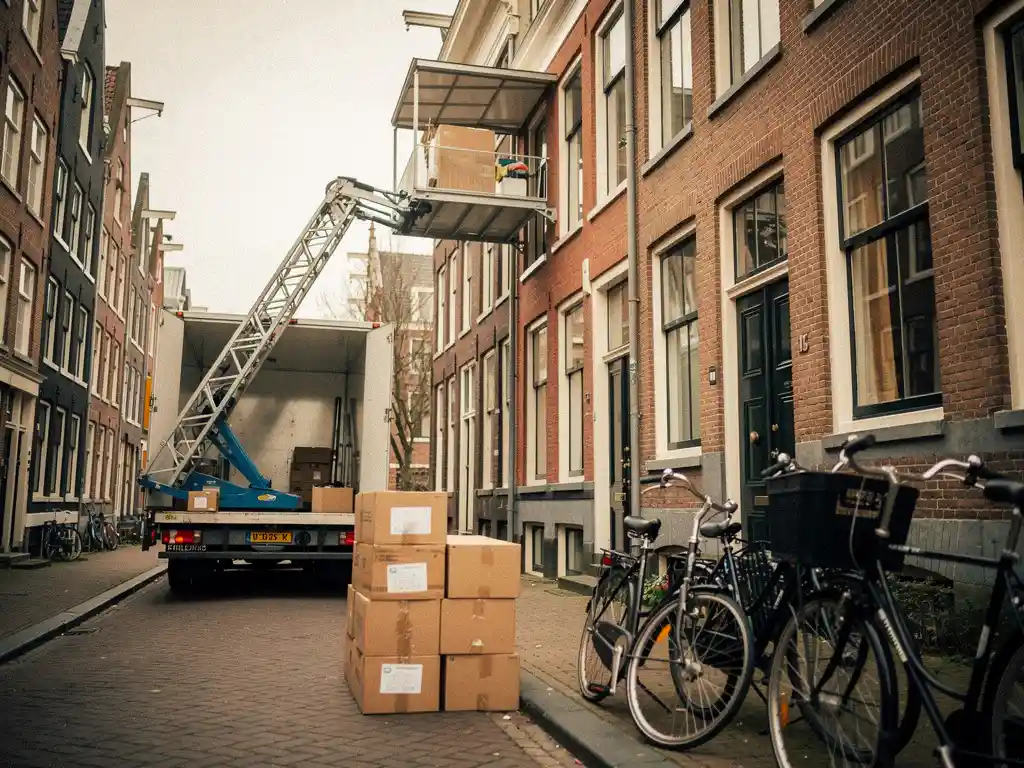 Verhuiswagen met hydraulische lift langs gracht in Amsterdam-West, dozen op kinderhoofdjes naast geparkeerde fietsen.