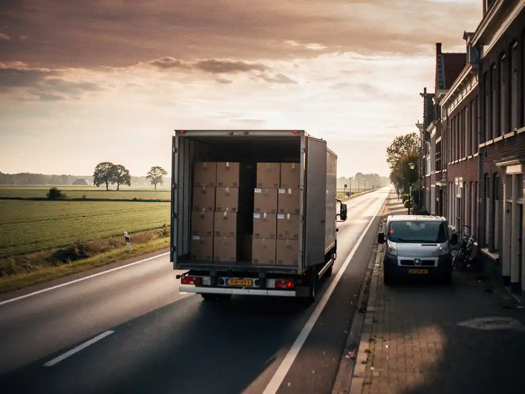 Verhuiswagen op een open snelweg met gestapelde verhuisdozen, warm middaglicht en een stadsstraat op de achtergrond.