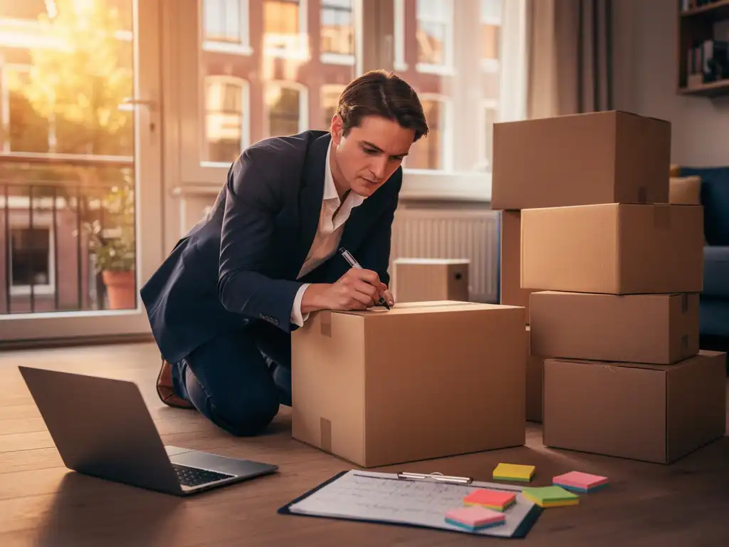 Professional in zakelijk pak labelt verhuisdoos in modern Amsterdams appartement, laptop en planner zichtbaar, gouden middaglicht.