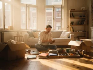 Persoon sorteert spullen in kartonnen verhuisdozen in een rommelige Amsterdamse woonkamer met warm middaglicht.