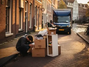 Persoon die worstelt met overvolle dozen en een kantelde IKEA-kast op een smalle Amsterdamse gracht, met een professionele verhuiswagen op de achtergrond.
