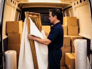 Verhuizer wikkelt goudkleurig ingelijst schilderij in beschermende dekens in verhuiswagen met gestapelde gelabelde dozen.