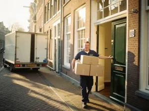 Verhuizer draagt gelabelde kartonnen dozen door de voordeur van een Amsterdams grachtenpand, met verhuiswagen op de klinkerstraat.