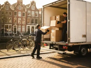 Verhuizers laden kartonnen dozen in witte verhuiswagen op Amsterdamse gracht, bakstenen gevels en fietsen op achtergrond.