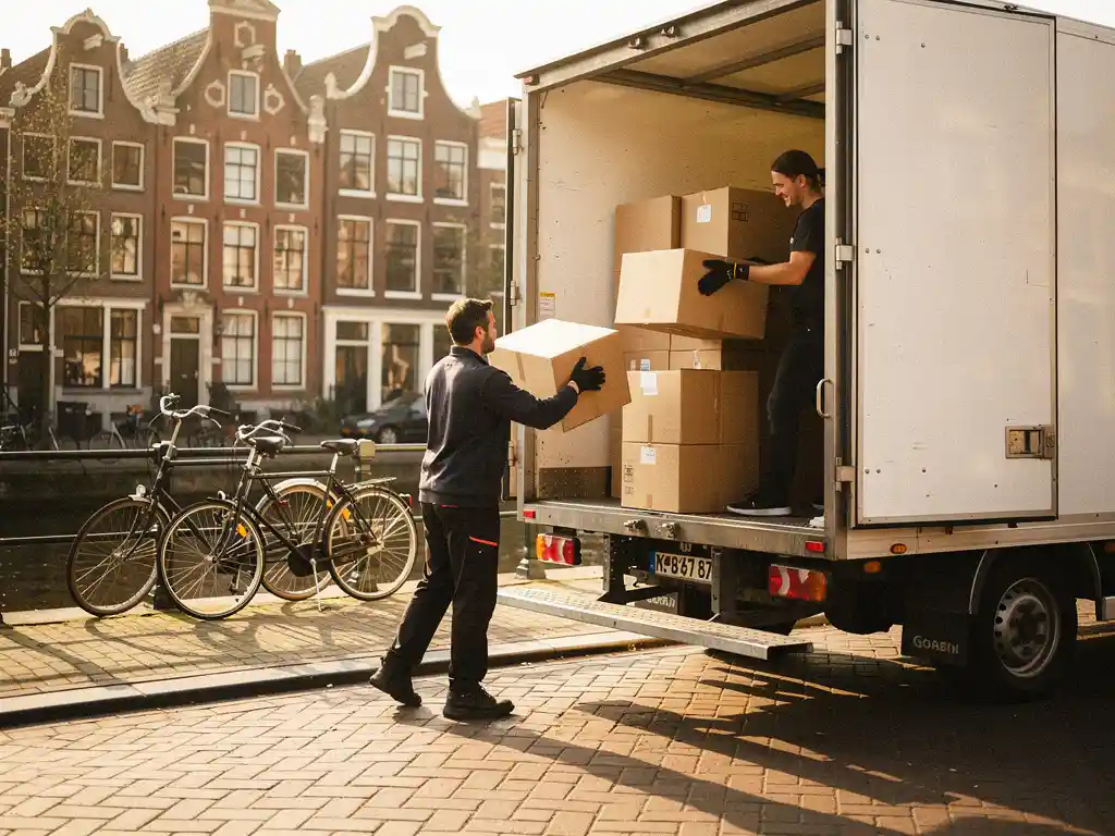 Verhuizers laden kartonnen dozen in witte verhuiswagen op Amsterdamse gracht, bakstenen gevels en fietsen op achtergrond.