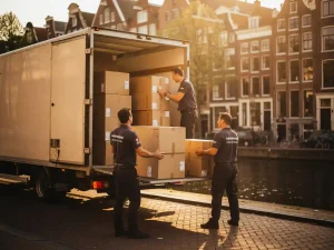 Verhuizers laden kartonnen dozen in witte verhuiswagen op Amsterdamse grachtenstraat met historische trapgevels op de achtergrond.