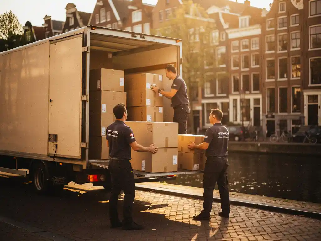 Verhuizers laden kartonnen dozen in witte verhuiswagen op Amsterdamse grachtenstraat met historische trapgevels op de achtergrond.
