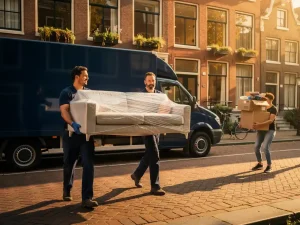 Professionele verhuizers dragen ingepakte bank een Amsterdams grachtenpand binnen, terwijl branded verhuiswagen op de klinkerstraat staat geparkeerd.