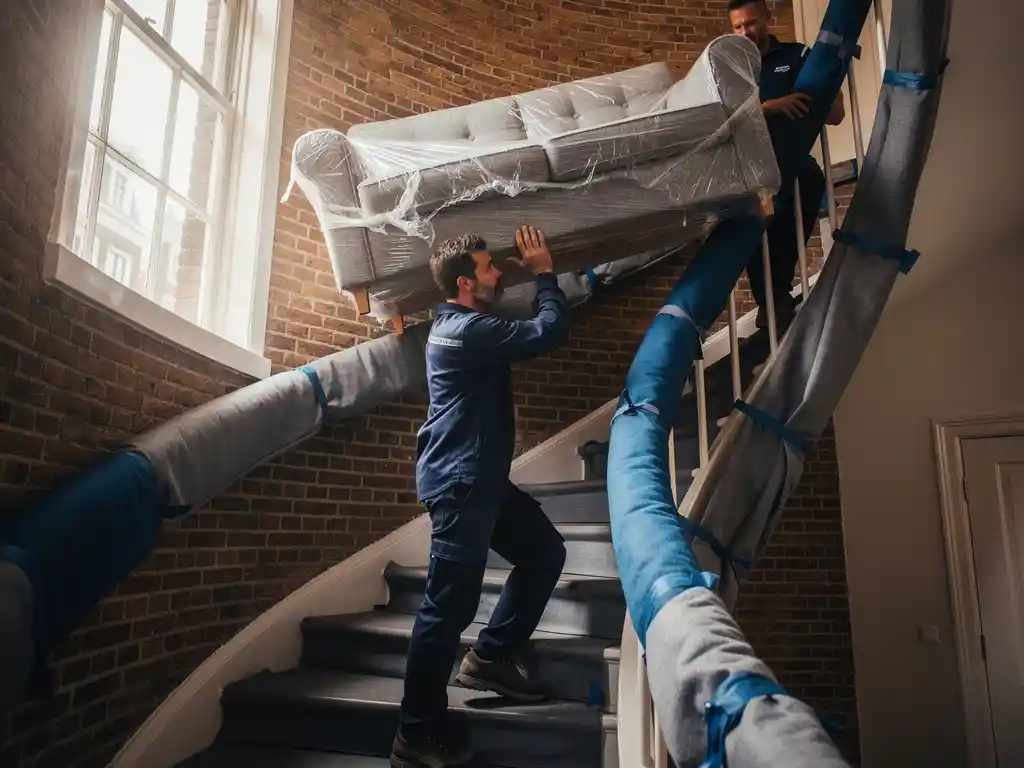 Verhuizers dragen een ingepakte bank door het smalle trappenhuis van een Amsterdams grachtenpand, beschermd met gewatteerde dekens.