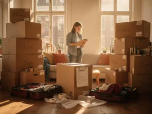 Persoon omringd door hoge stapels verhuisdozen en open koffers in een warm Amsterdams appartement met grote ramen.