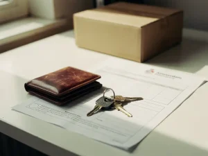 Versleten leren portemonnee en huissleutels op een officieel Amsterdams gemeenteformulier, met een verhuisdoos op de achtergrond.
