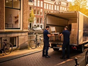 Twee verhuizers laden meubels in een vrachtwagen op een zonnige Amsterdamse grachtenstraat op een zaterdag.