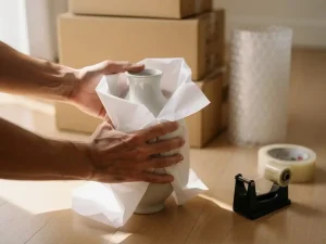 Handen die een fragiele keramieken vaas inpakken met wit inpakpapier, omringd door verhuisdozen, noppenfolie en verpakkingstape op houten vloer.