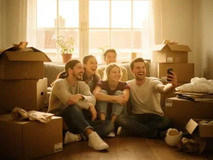 Vrienden lachen samen in een half ingepakt Amsterdams appartement met verhuisdozen, terwijl iemand een gedeelde kalender op zijn telefoon toont.