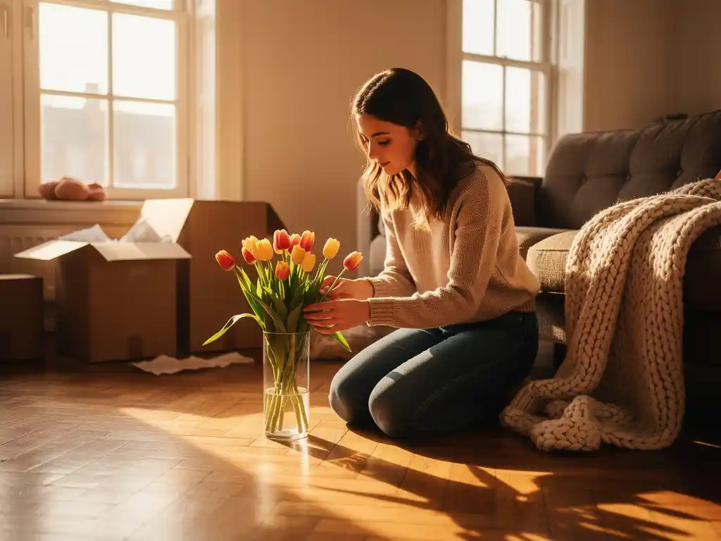 Jonge vrouw schikt verse tulpen in een vaas op een parketvloer tussen verhuisdozen, zacht middaglicht door hoge ramen.