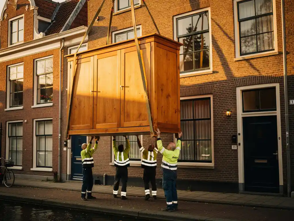 Houten kledingkast gehesen aan transportbanden langs een smalle Amsterdamse grachtenpandgevel, verhuizers begeleiden de lift in middaglicht.