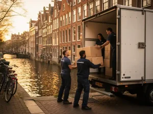 Verhuisbedrijf laadt kartonnen dozen in witte verhuiswagen op Amsterdamse gracht, trapgevels en bakstenen grachtenpanden op achtergrond.