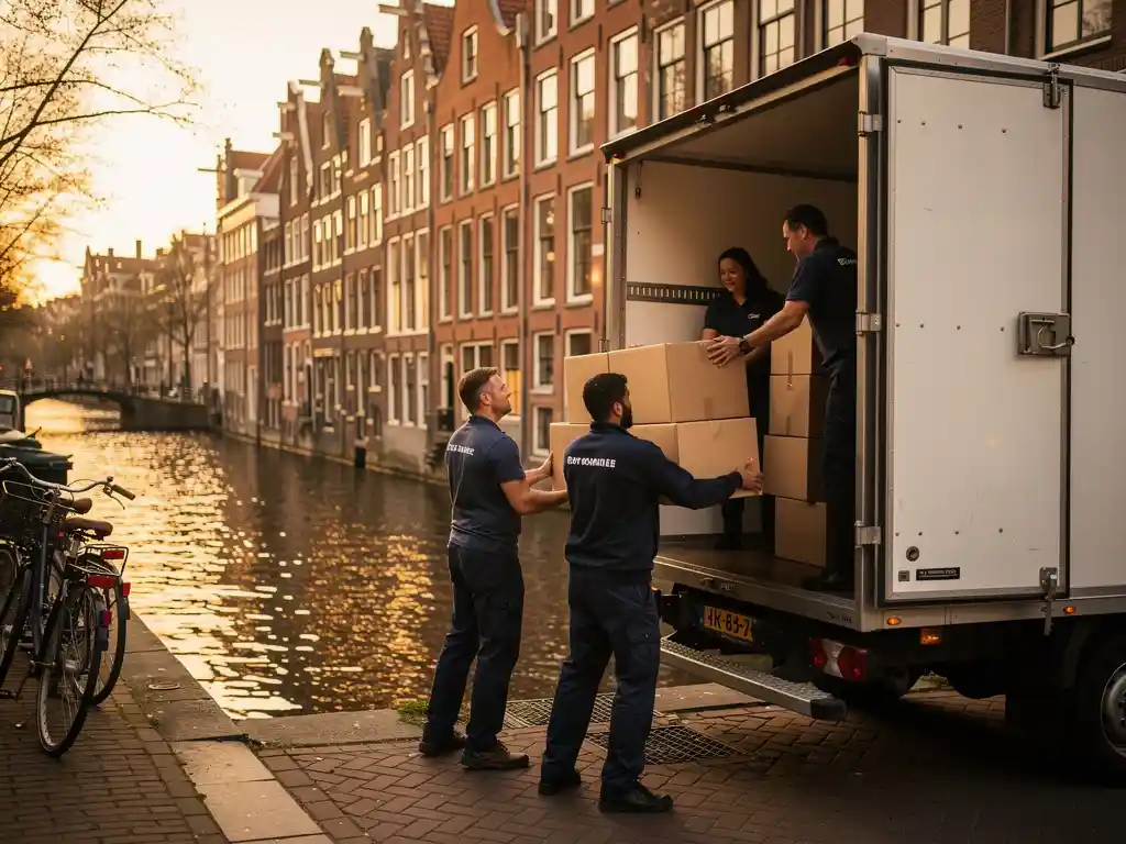 Verhuisbedrijf laadt kartonnen dozen in witte verhuiswagen op Amsterdamse gracht, trapgevels en bakstenen grachtenpanden op achtergrond.