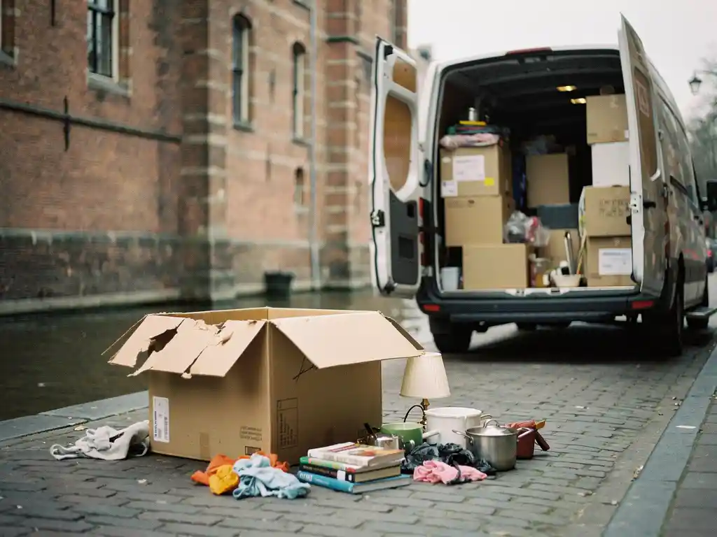 Opengevallen verhuisdoos op Amsterdamse keistraat met verspreide spullen naast een beladen bestelbus bij een grachtenpand.