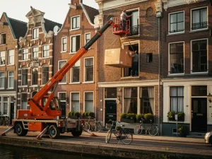Oranje verhuislift tegen de gevel van een Amsterdams grachtenpand, met verhuizers die een kartonnen doos door een bovenraam hijsen.