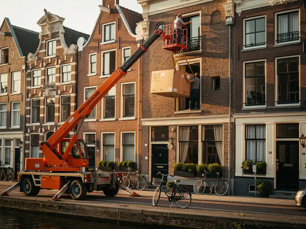 Oranje verhuislift tegen de gevel van een Amsterdams grachtenpand, met verhuizers die een kartonnen doos door een bovenraam hijsen.