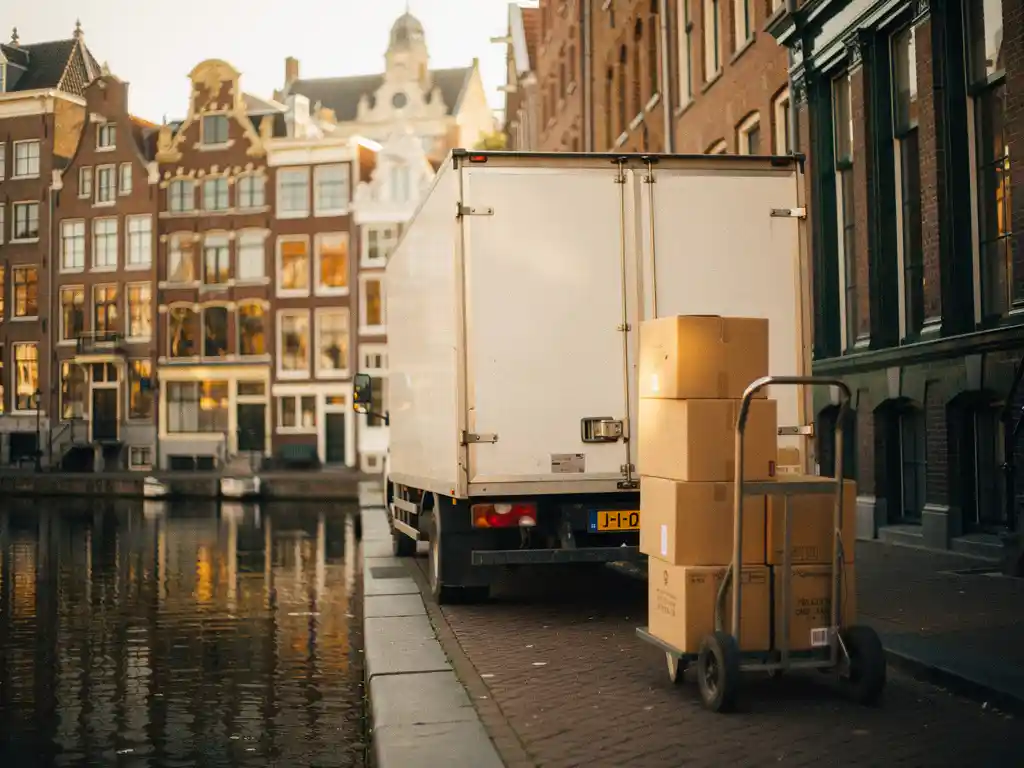 Verhuiswagen geparkeerd langs Amsterdams grachtenpand met kartonnen dozen op steekwagen, warm ochtendlicht weerspiegeld in het water.