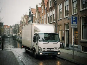 Witte verhuiswagen op smalle Amsterdamse grachtenstraat met historische trapgevels en klinkerbestrating.