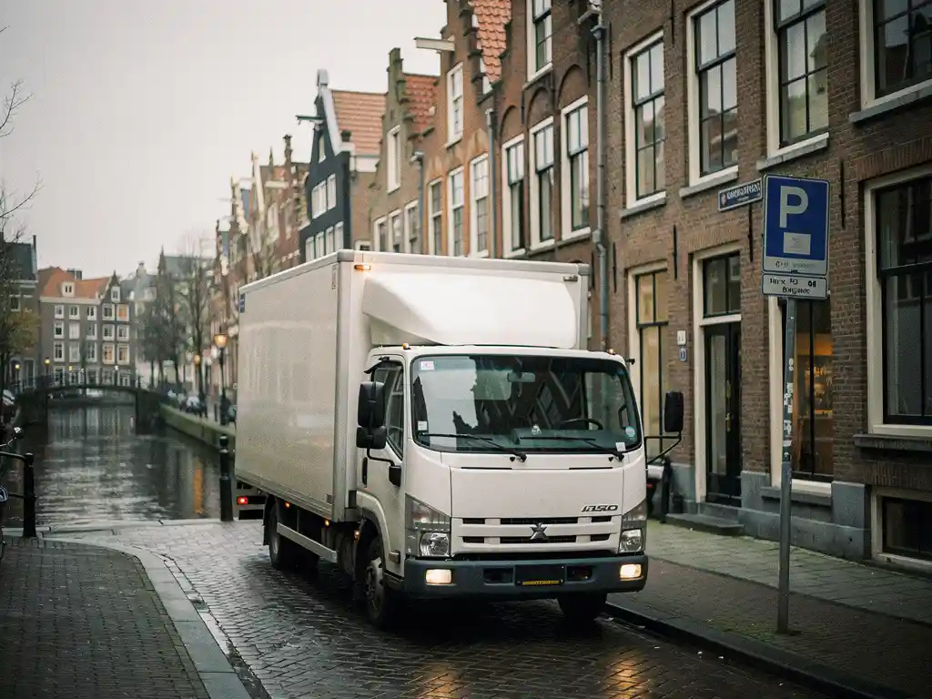 Witte verhuiswagen op smalle Amsterdamse grachtenstraat met historische trapgevels en klinkerbestrating.