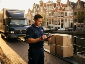 Verhuizer in uniform controleert klembordchecklist op Amsterdamse gracht, verhuiswagen en grachtenpand op achtergrond, gouden ochtendlicht.
