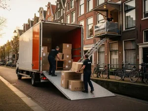 Verhuisploeg lost witte verhuiswagen op smalle Amsterdamse gracht, hydraulische lift reikt naar bovenwoning, historische grachtenpanden op achtergrond.