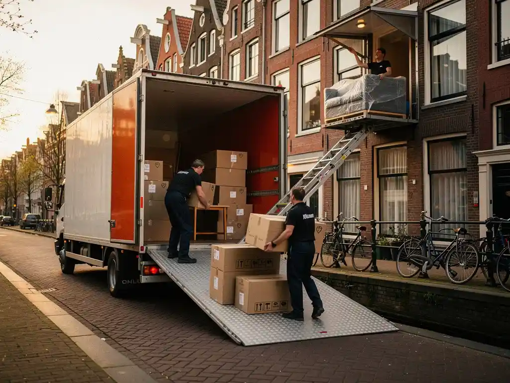 Verhuisploeg lost witte verhuiswagen op smalle Amsterdamse gracht, hydraulische lift reikt naar bovenwoning, historische grachtenpanden op achtergrond.