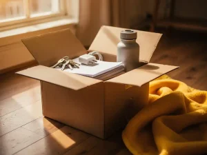 Open verhuisdoos met sleutels, oplader, waterfles en documenten op houten vloer in Amsterdam appartement met warm licht.