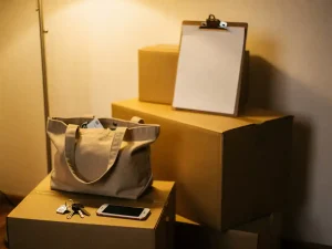 Ingepakte verhuisdozen gestapeld in woonkamerhoek met klembord, checklist, sleutels en telefoon bij gevulde tas in warm lamplicht.
