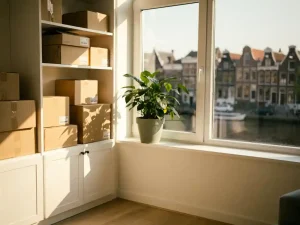 Kartonnen verhuisdozen worden uitgepakt op witte planken, met een groene plant op de vensterbank en Amsterdamse grachten op de achtergrond.
