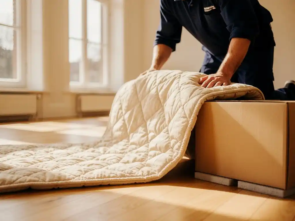 Verhuizer legt beschermende verhuisdekens op een lichte eiken houten vloer in een licht Amsterdams appartement.